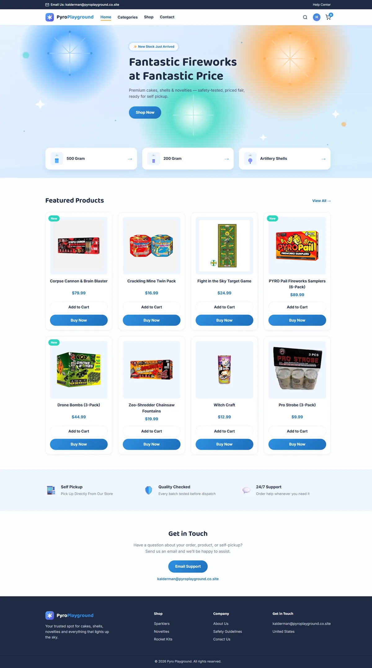 Screenshot of the Pyro Playgrounds Store website